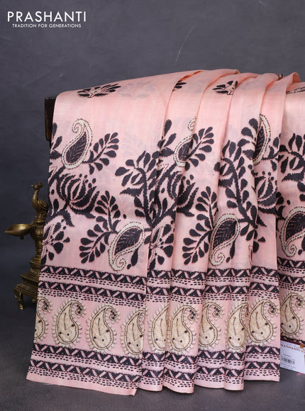 Printed silk saree mild peach pink with butta prints and long madhubani printed border