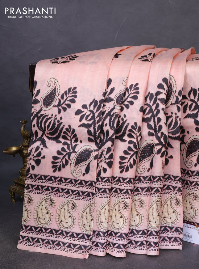 Printed silk saree mild peach pink with butta prints and long madhubani printed border