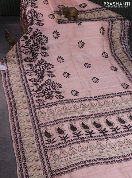 Printed silk saree mild peach pink with butta prints and long madhubani printed border