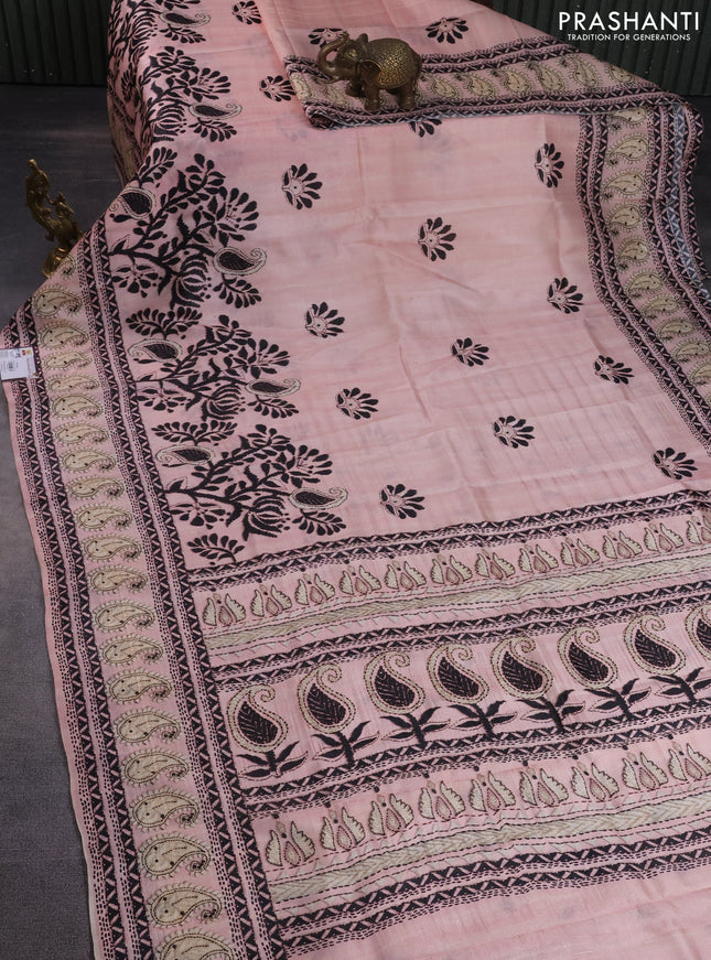 Printed silk saree mild peach pink with butta prints and long madhubani printed border