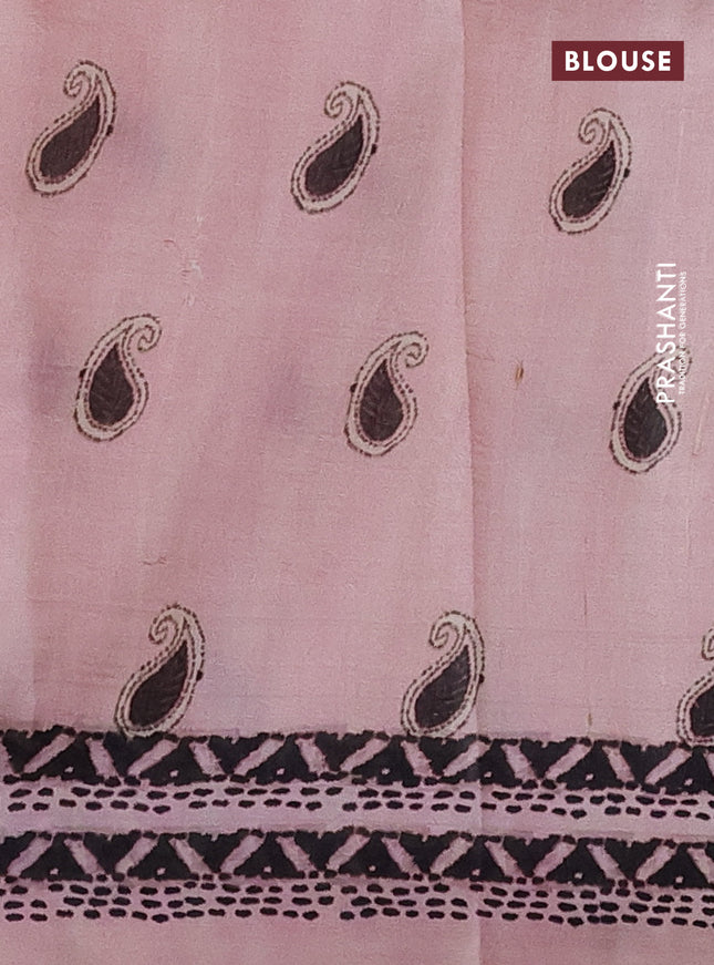 Printed silk saree mild peach pink with butta prints and long madhubani printed border