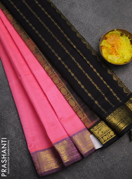 Silk cotton saree candy pink and black with plain body and zari woven border
