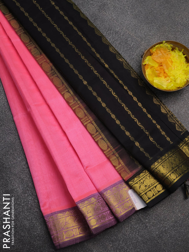 Silk cotton saree candy pink and black with plain body and zari woven border