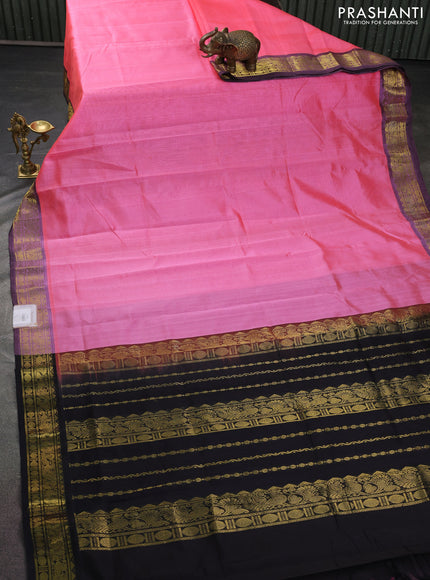 Silk cotton saree candy pink and black with plain body and zari woven border