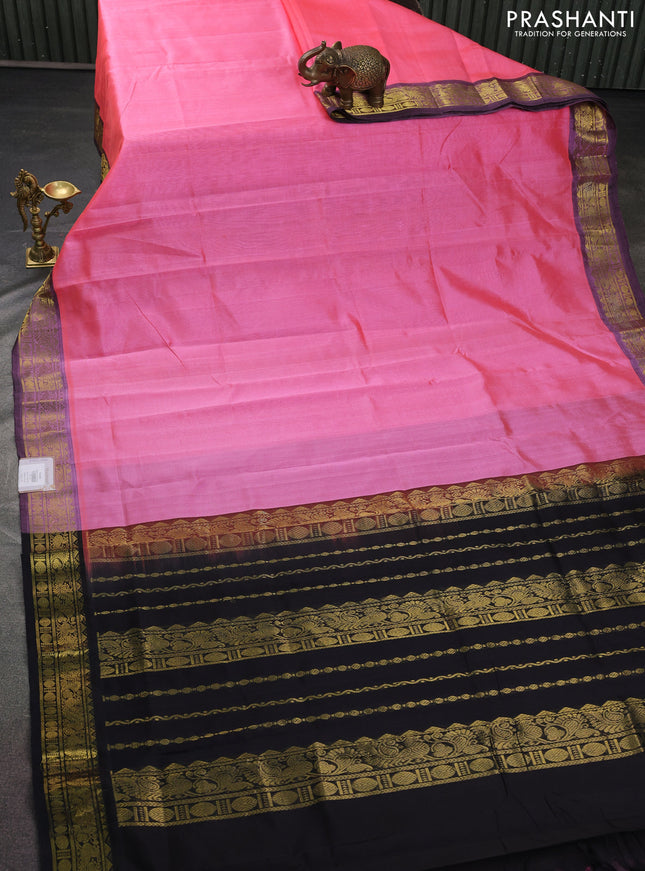 Silk cotton saree candy pink and black with plain body and zari woven border