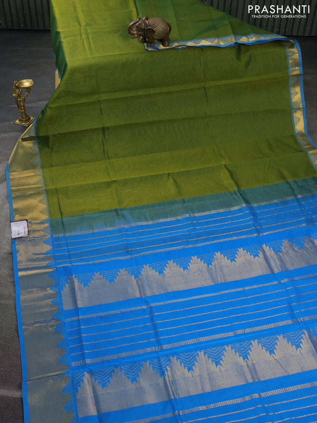 Silk cotton saree light green and cs blue with plain body and temple design zari woven border