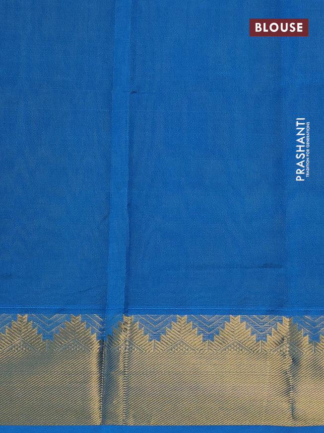 Silk cotton saree light green and cs blue with plain body and temple design zari woven border