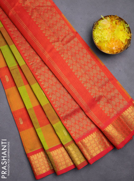 Silk cotton saree light green and orange with allover paalum pazhamum checks & zari buttas and zari woven border