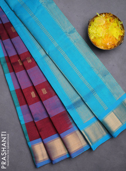 Silk cotton saree maroon and dual shade of teal blue with allover paalum pazhamum checks & zari buttas and zari woven border