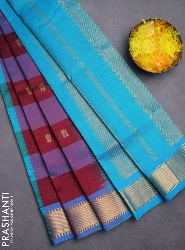 Silk cotton saree maroon and dual shade of teal blue with allover paalum pazhamum checks & zari buttas and zari woven border
