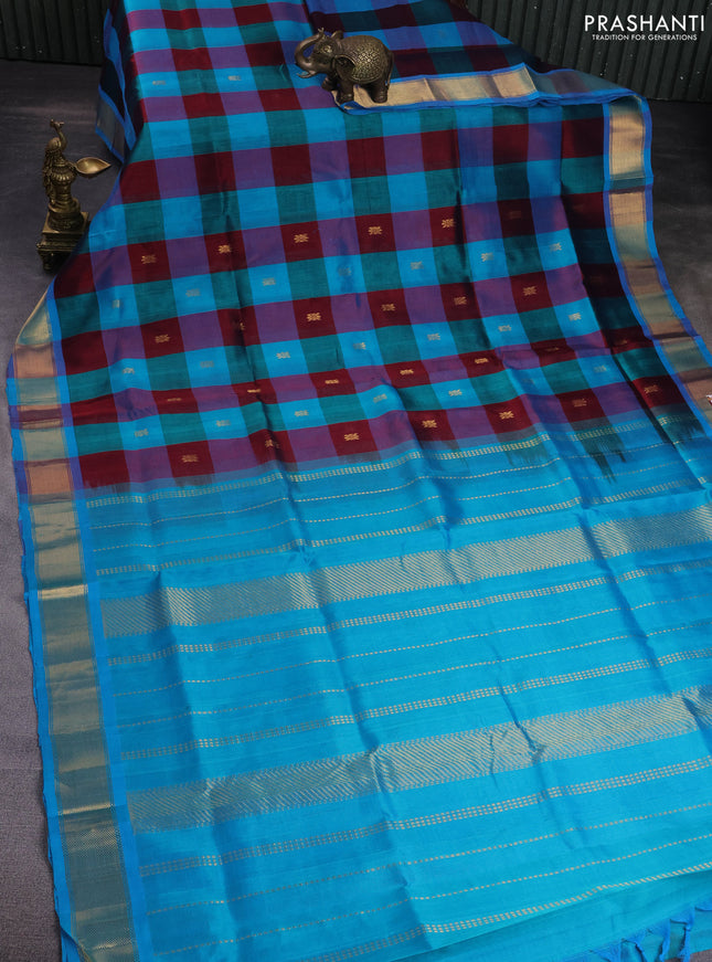 Silk cotton saree maroon and dual shade of teal blue with allover paalum pazhamum checks & zari buttas and zari woven border
