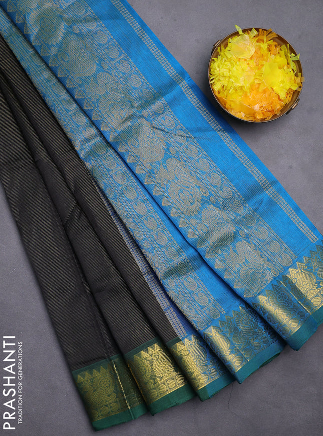 Silk cotton saree black and cs blue with allover vairosi pattern and annam & paisley zari woven border