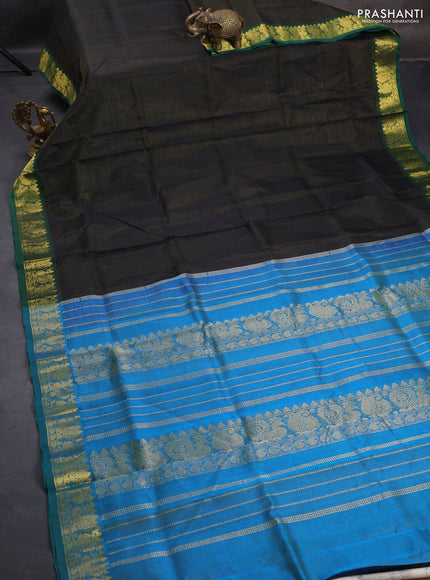 Silk cotton saree black and cs blue with allover vairosi pattern and annam & paisley zari woven border