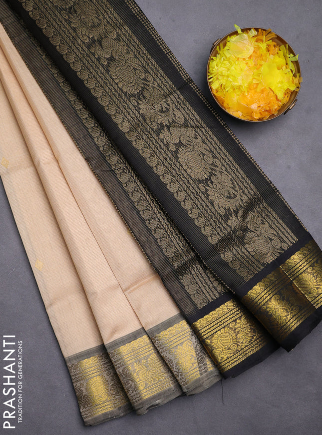 Silk cotton saree beige and black with allover vairosi pattern & buttas and zari woven border