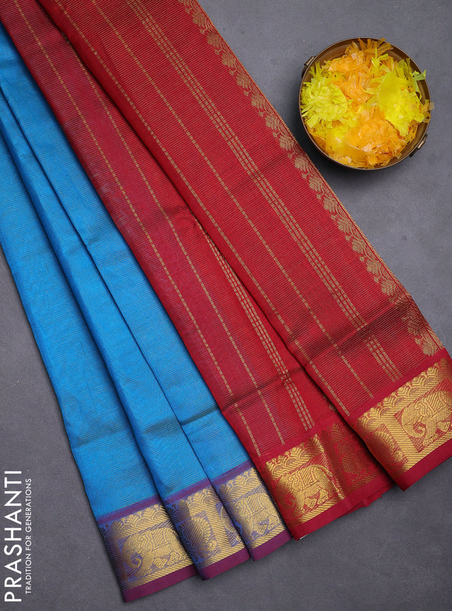 Silk cotton saree teal blue and red with allover vairosi pattern and zari woven border