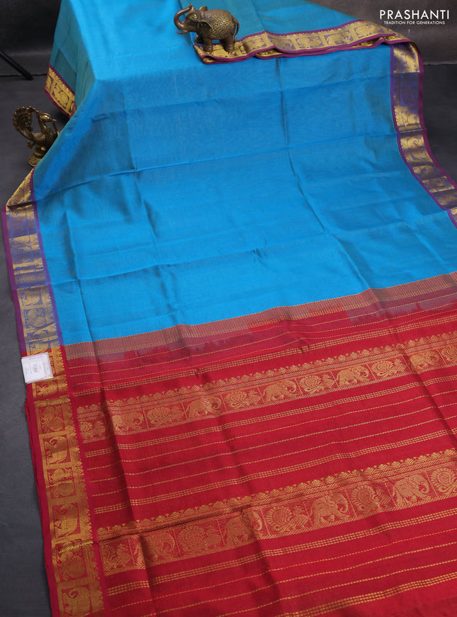 Silk cotton saree teal blue and red with allover vairosi pattern and zari woven border