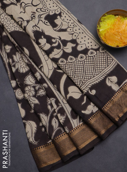 Kalamkari semi silk saree black with allover kalamkari prints and mangalgiri zari border