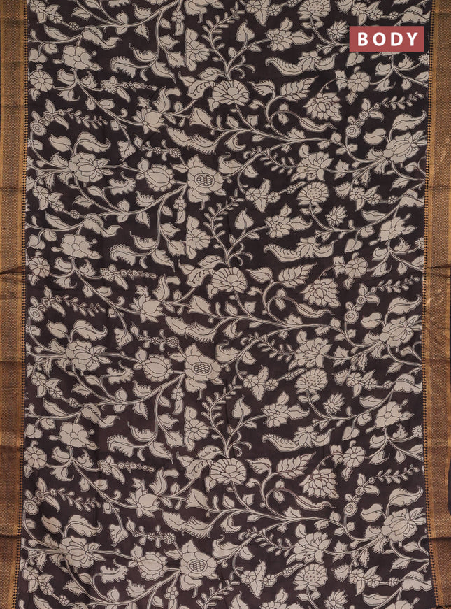 Kalamkari semi silk saree black with allover kalamkari prints and mangalgiri zari border