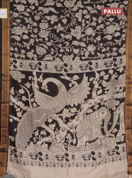 Kalamkari semi silk saree black with allover kalamkari prints and mangalgiri zari border