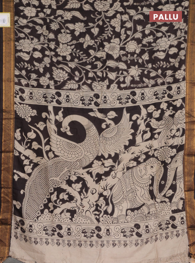 Kalamkari semi silk saree black with allover kalamkari prints and mangalgiri zari border