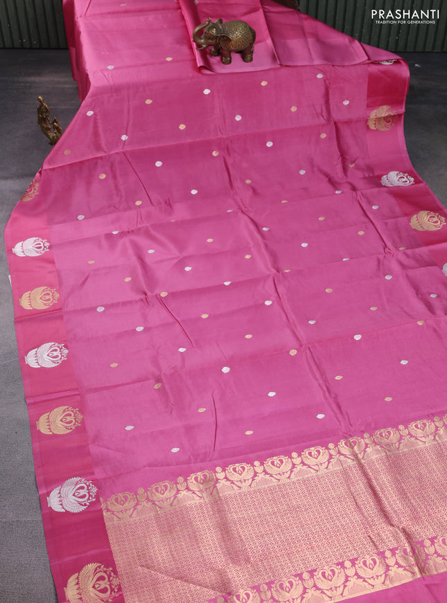 Poona silk saree pastel pink with silver & gold zari woven buttas and satin border
