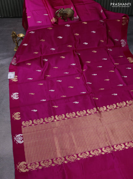 Poona silk saree pink with silver & gold zari woven buttas and satin border