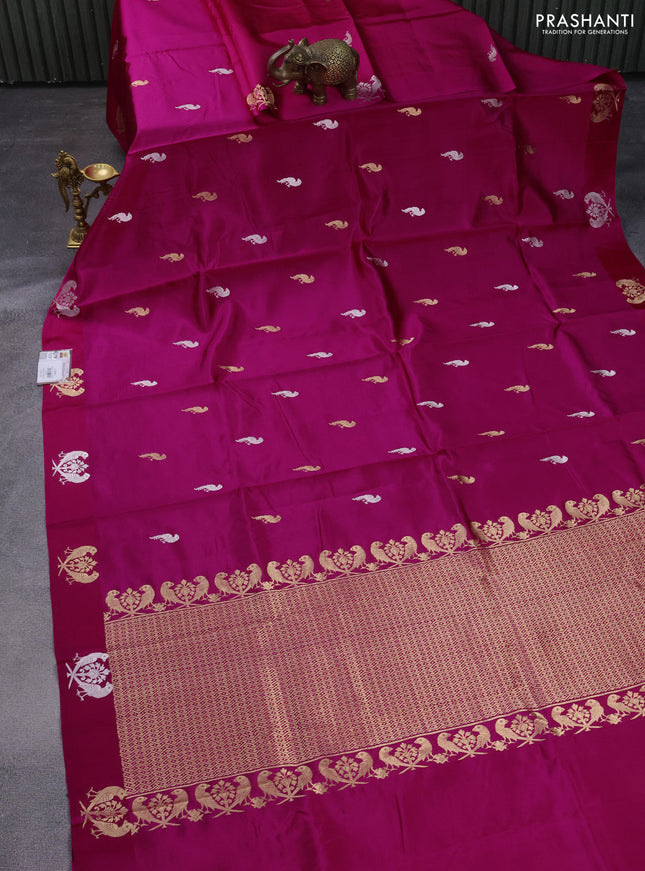 Poona silk saree pink with silver & gold zari woven buttas and satin border