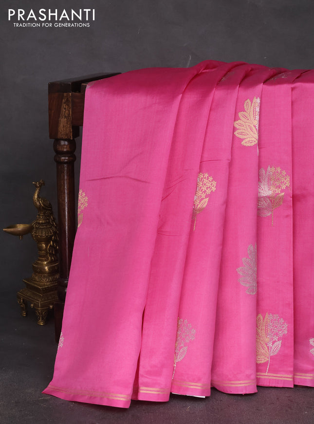 Poona silk saree pink with silver & gold zari woven buttas and zari woven simple border