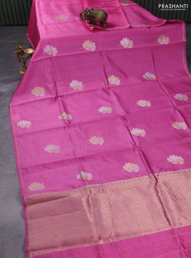 Poona silk saree pink with silver & gold zari woven buttas and zari woven simple border