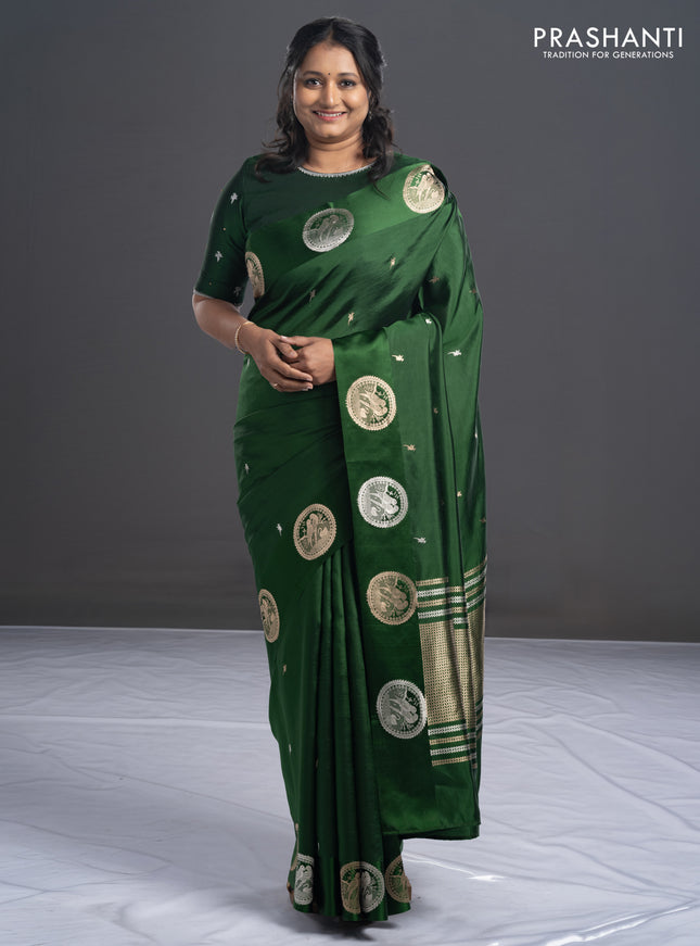 Poona silk saree green with silver & gold zari buttas and satin border
