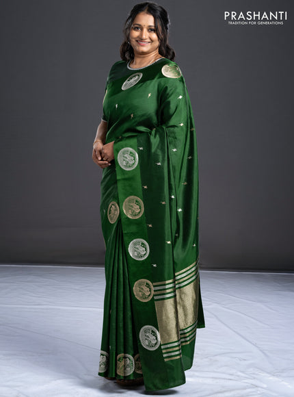 Poona silk saree green with silver & gold zari buttas and satin border