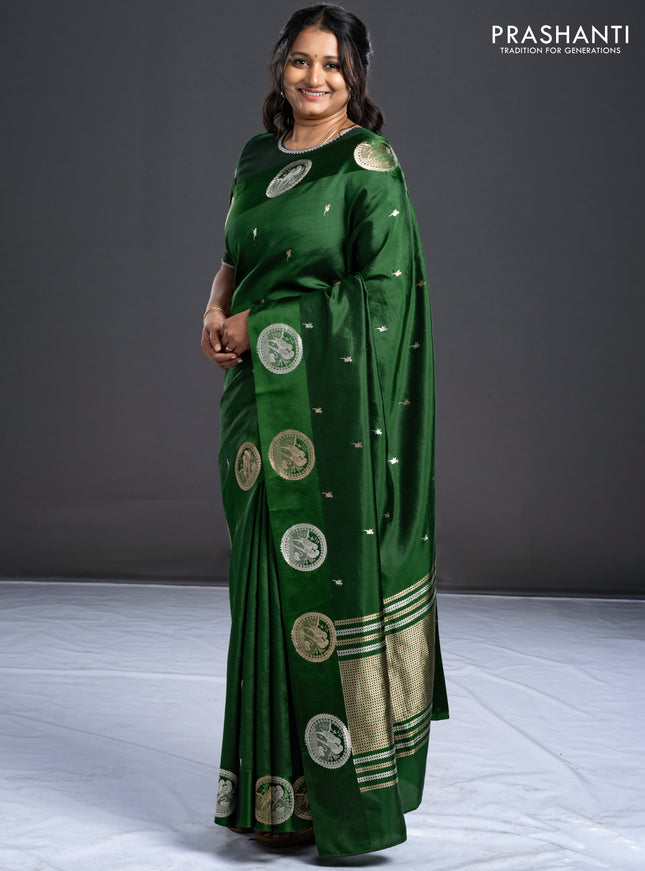 Poona silk saree green with silver & gold zari buttas and satin border