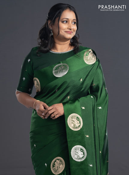 Poona silk saree green with silver & gold zari buttas and satin border