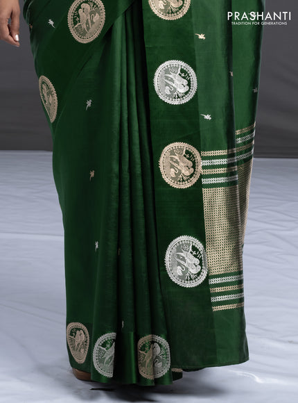 Poona silk saree green with silver & gold zari buttas and satin border