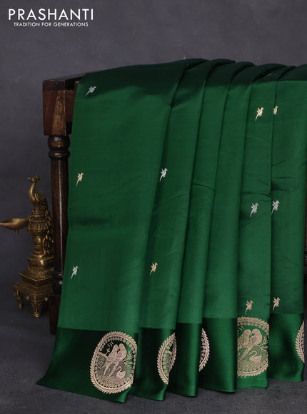 Poona silk saree green with silver & gold zari buttas and satin border