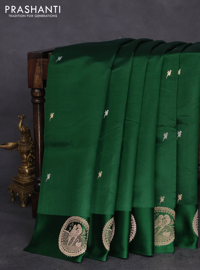 Poona silk saree green with silver & gold zari buttas and satin border