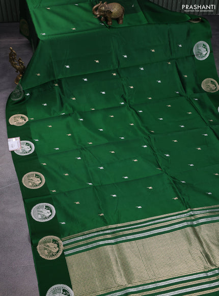 Poona silk saree green with silver & gold zari buttas and satin border