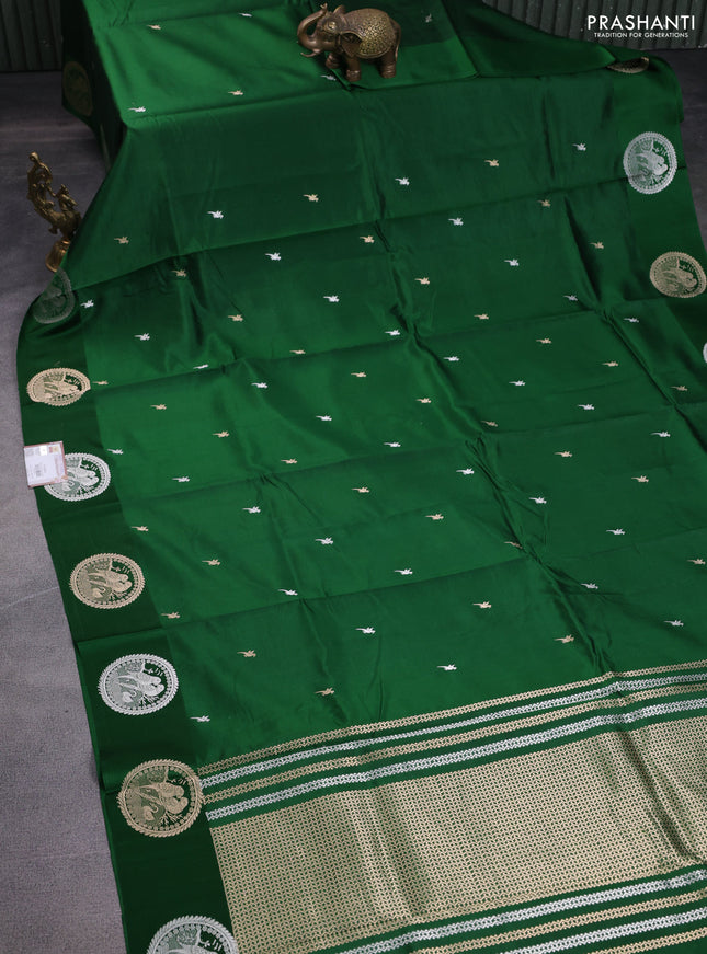 Poona silk saree green with silver & gold zari buttas and satin border
