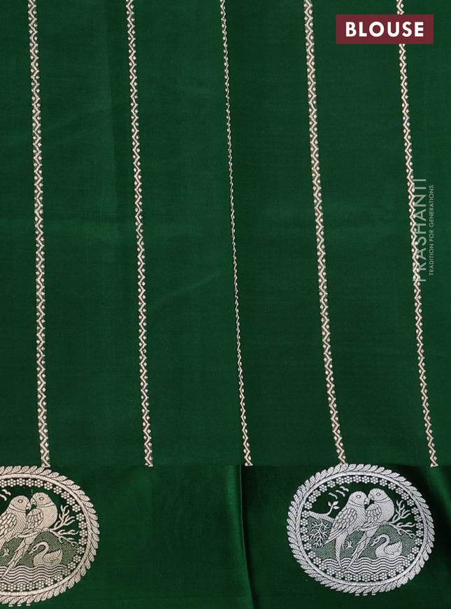 Poona silk saree green with silver & gold zari buttas and satin border