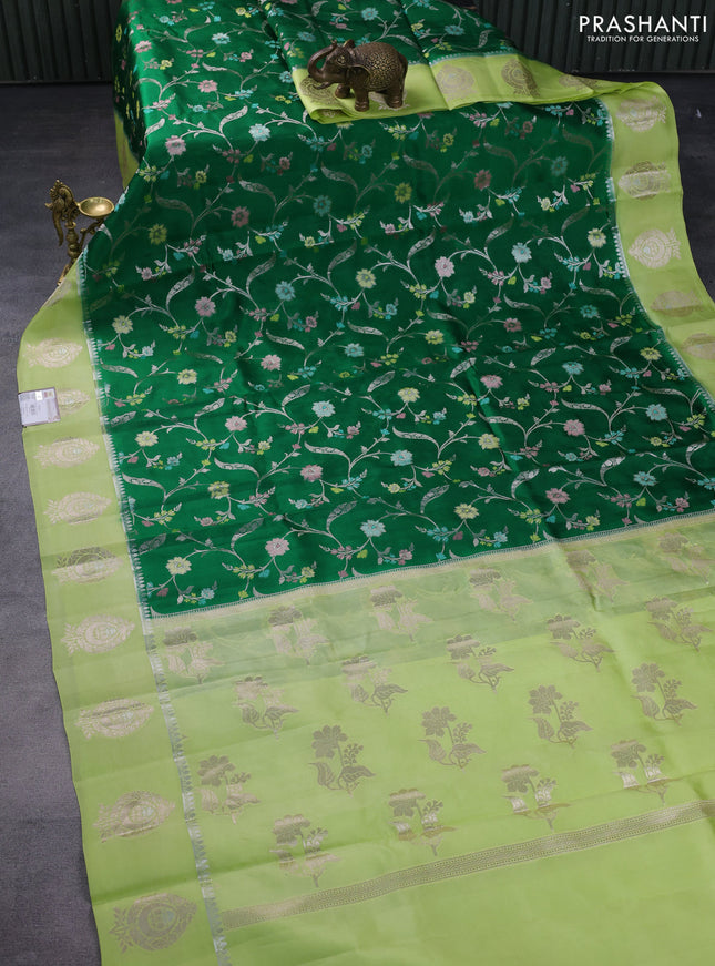 Banarasi poona silk saree green and pista green with allover zari woven mina weaves and zari woven butta border