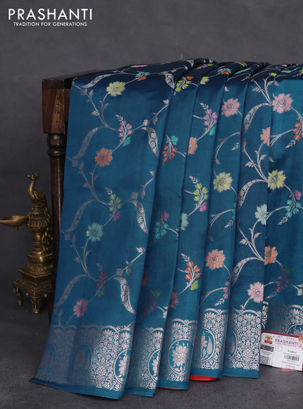 Banarasi poona silk saree cs blue with allover zari woven mina weaves and silver zari woven border