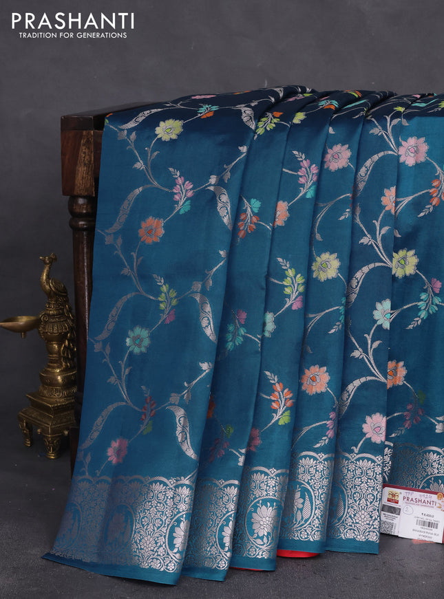 Banarasi poona silk saree cs blue with allover zari woven mina weaves and silver zari woven border