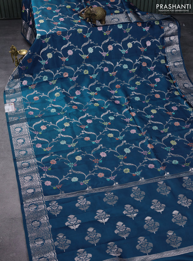 Banarasi poona silk saree cs blue with allover zari woven mina weaves and silver zari woven border