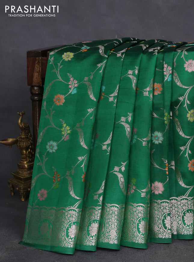 Poona silk saree green with allover zari woven mina weaves and silver zari woven border