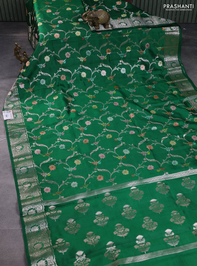 Poona silk saree green with allover zari woven mina weaves and silver zari woven border