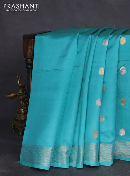 Poona silk saree teal blue with silver & gold zari woven buttas in borderless style