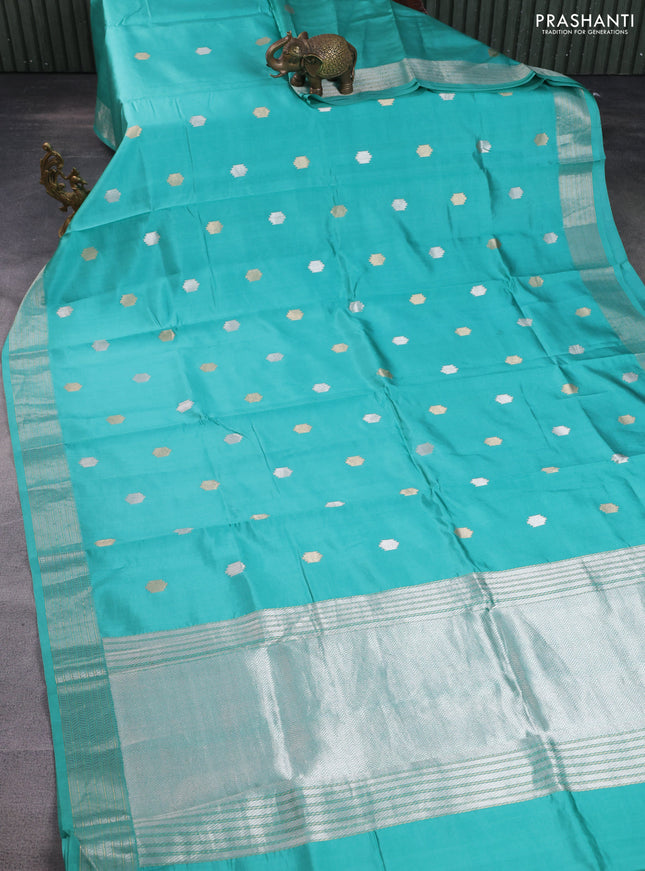 Poona silk saree teal blue with silver & gold zari woven buttas in borderless style