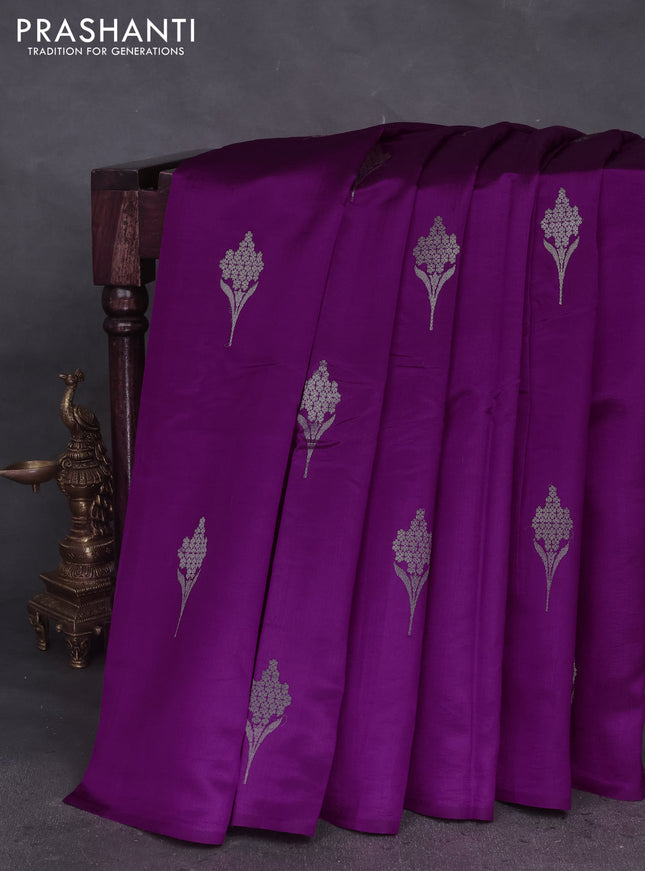 Poona silk saree purple with silver & gold zari woven buttas in borderless style