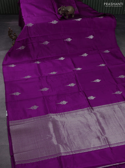 Poona silk saree purple with silver & gold zari woven buttas in borderless style