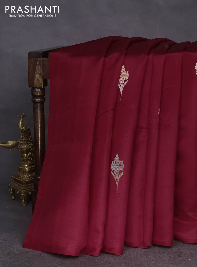 Poona silk saree red with silver & gold zari woven buttas in borderless style